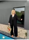 Ferina Siyah Muslin Ön Bağlamalı Kimono Takım