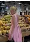 Fiona Pembe Kurdele Detay Korseli Midi Boy Elbise