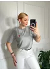 Kalp Nakış Orijinal Marka Oversize Pamuk Gri Tshirt