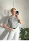 Kalp Nakış Orijinal Marka Oversize Pamuk Gri Tshirt