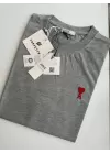 Kalp Nakış Orijinal Marka Oversize Pamuk Gri Tshirt