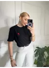 Kalp Nakış Orijinal Marka Oversize Pamuk Siyah Tshirt