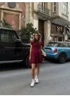 Mireva Bordo Volanlı Kısa Kol Modal Elbise