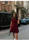 Mireva Bordo Volanlı Kısa Kol Modal Elbise
