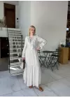 Olivette Kırık Beyaz Fırfırlı Premium Astarlı Tam Boy Elbise