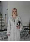 Olivette Kırık Beyaz Fırfırlı Premium Astarlı Tam Boy Elbise