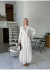 Olivette Kırık Beyaz Fırfırlı Premium Astarlı Tam Boy Elbise