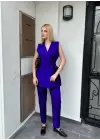 Reneta SaksMavi Belden Bağlamalı Yelek Pantolon Takım