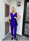 Reneta SaksMavi Belden Bağlamalı Yelek Pantolon Takım