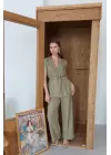 Softy Haki Kuşaklı Keten İkili Takım