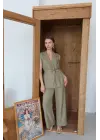 Softy Haki Kuşaklı Keten İkili Takım