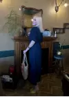 Vayla Lacivert Müslin Kumaş Bağlama Detaylı Elbise