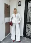 Velvet Beyaz Gold Büyük Tek Düğmeli İç Astarlı Beyaz Blazer Ceket