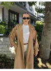 Zeze Taba Apolet Detay Kuşaklı Premium Kaşe Kaban