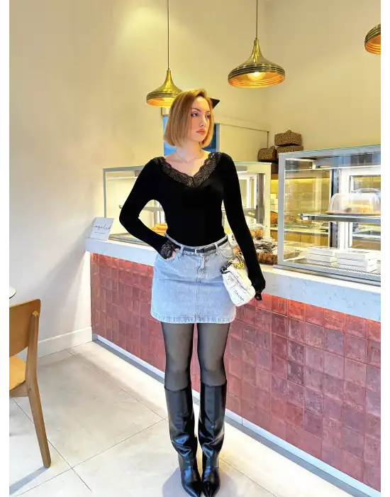 Siyah Dantel Detay Esnek Kaşmir Transparan Bluz