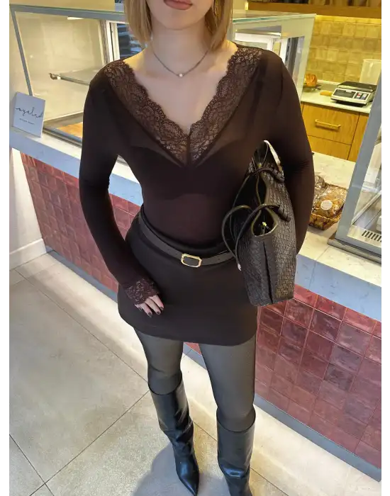 Kahve Dantel Detay Esnek Kaşmir Transparan Bluz