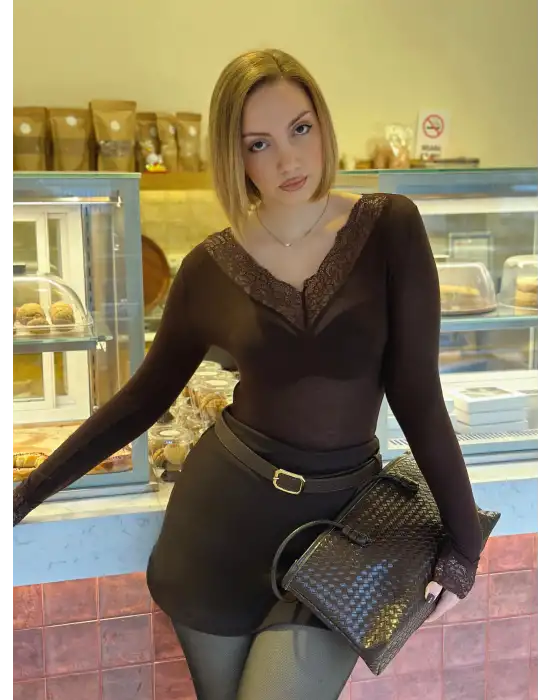 Kahve Dantel Detay Esnek Kaşmir Transparan Bluz