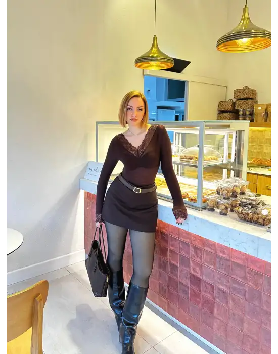 Kahve Dantel Detay Esnek Kaşmir Transparan Bluz