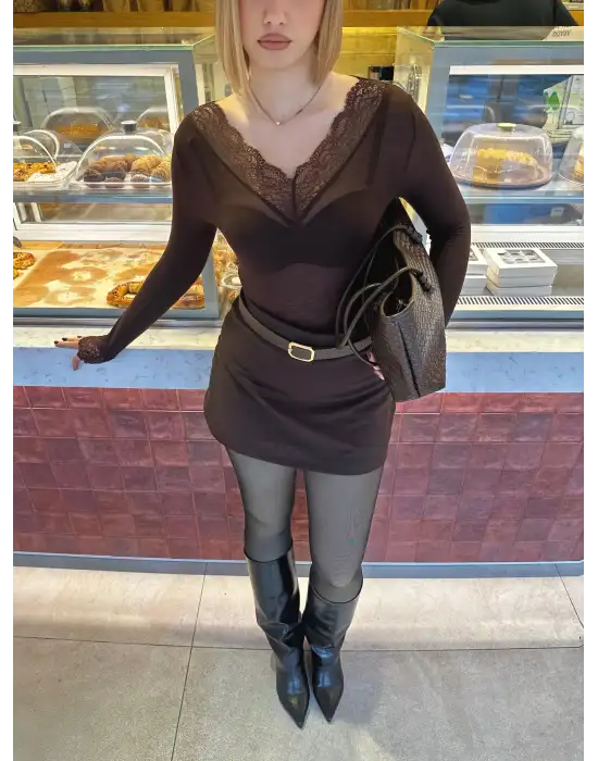 Kahve Dantel Detay Esnek Kaşmir Transparan Bluz