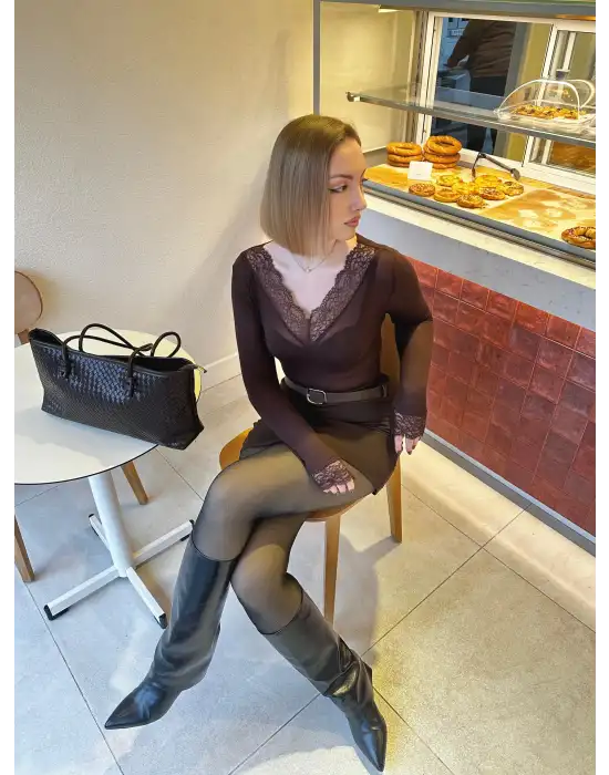 Kahve Dantel Detay Esnek Kaşmir Transparan Bluz