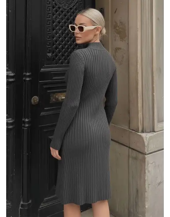 Füme Balıkçı Yaka Yün Midi Kloş Elbise