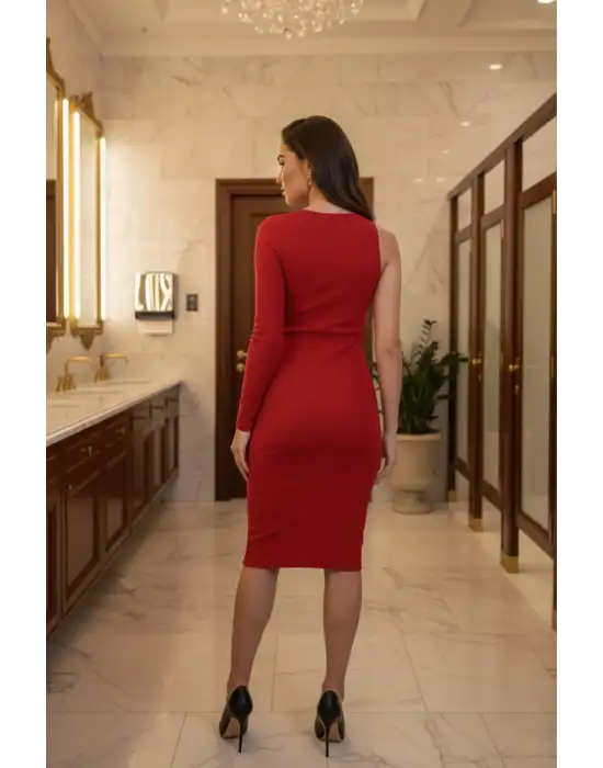 Tek Kol Krep Midi Boy Kırmızı Elbise