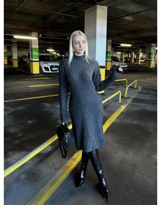 Füme Balıkçı Yaka Yün Midi Kloş Elbise