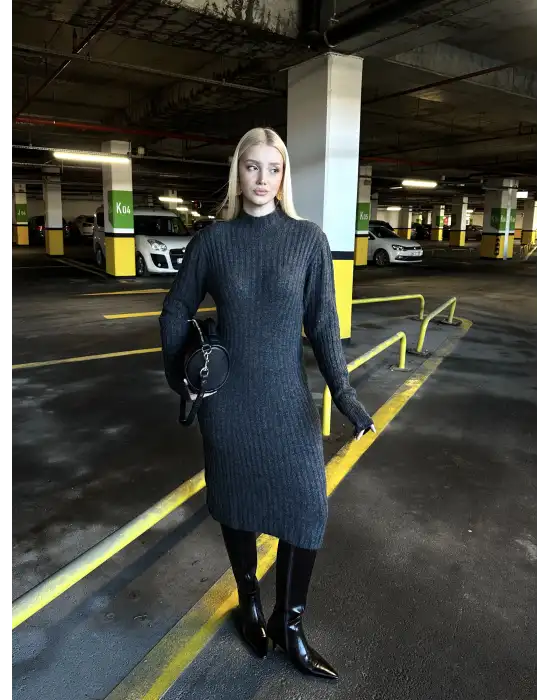 Füme Balıkçı Yaka Yün Midi Kloş Elbise