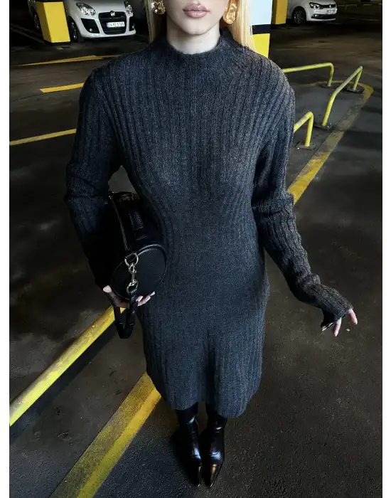 Füme Balıkçı Yaka Yün Midi Kloş Elbise