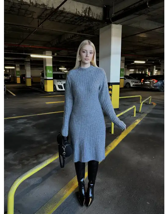 Gri Balıkçı Yaka Yün Midi Kloş Elbise