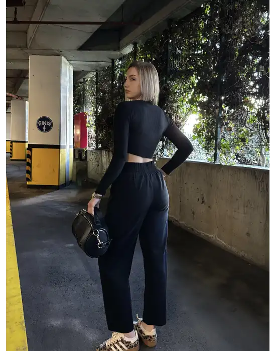 Yüksek Bel Gabardin Cepli Siyah Pantolon
