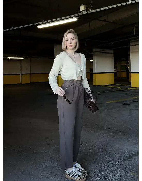 Yüksek Bel Gabardin Cepli AcıKahve Pantolon