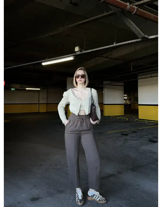 Yüksek Bel Gabardin Cepli AcıKahve Pantolon