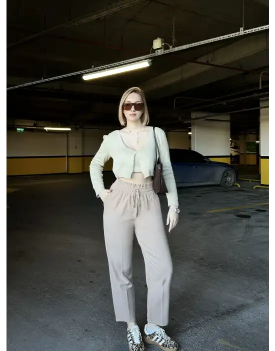 Yüksek Bel Gabardin Cepli SütlüKahve Pantolon