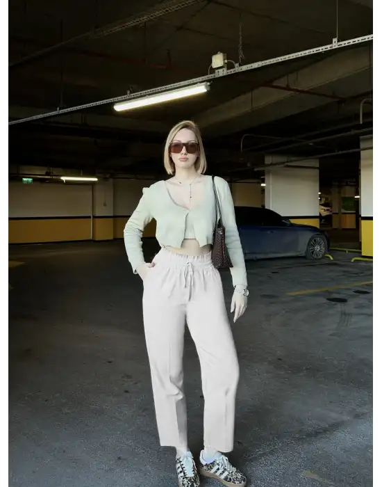 Yüksek Bel Gabardin Cepli Taş Pantolon