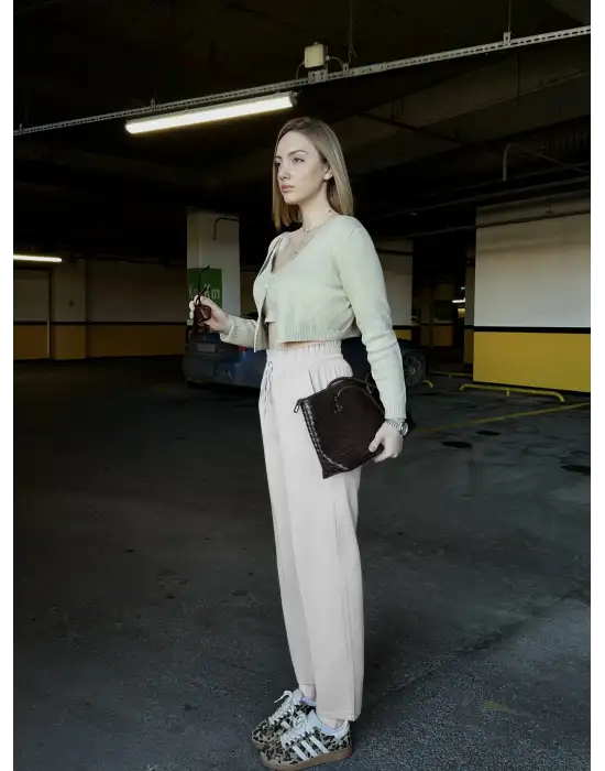 Yüksek Bel Gabardin Cepli Taş Pantolon