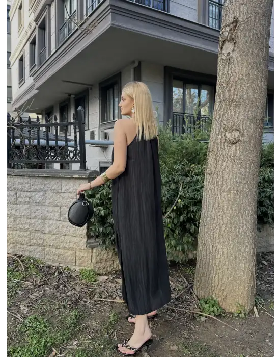 Siyah Keten Bağlamalı Efil Elbise