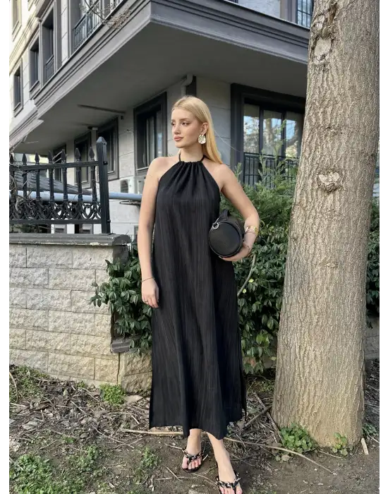 Siyah Keten Bağlamalı Efil Elbise