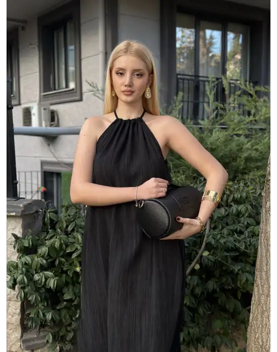 Siyah Keten Bağlamalı Efil Elbise