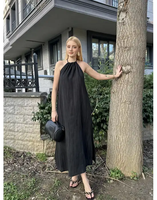 Siyah Keten Bağlamalı Efil Elbise