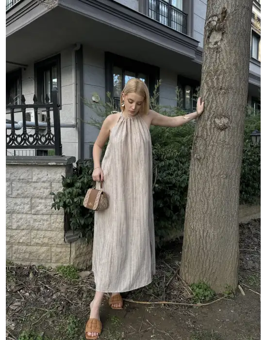 Taş Keten Bağlamalı Efil Elbise