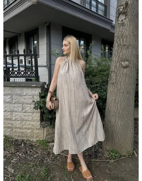 Taş Keten Bağlamalı Efil Elbise