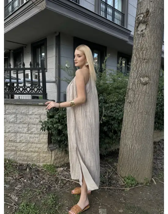 Taş Keten Bağlamalı Efil Elbise