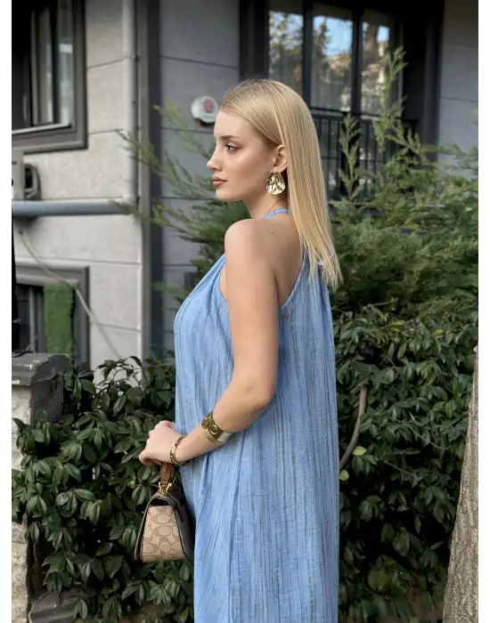 Mavi Keten Bağlamalı Efil Elbise