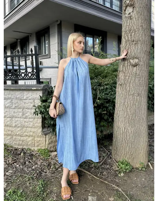 Mavi Keten Bağlamalı Efil Elbise