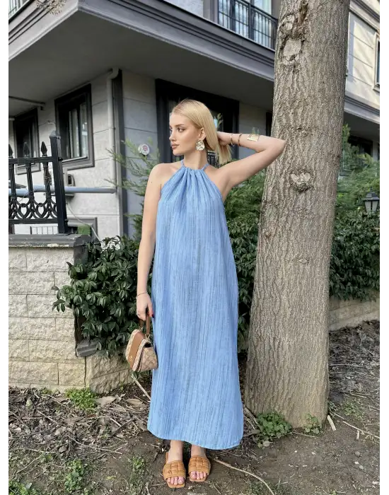 Mavi Keten Bağlamalı Efil Elbise