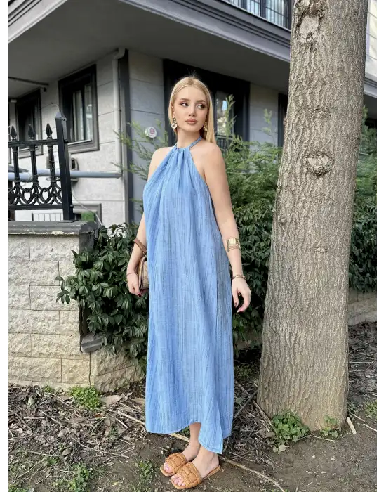 Mavi Keten Bağlamalı Efil Elbise