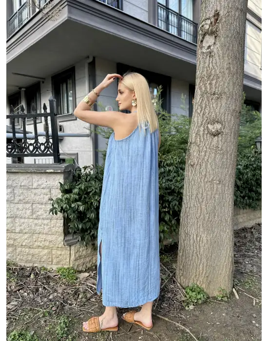 Mavi Keten Bağlamalı Efil Elbise