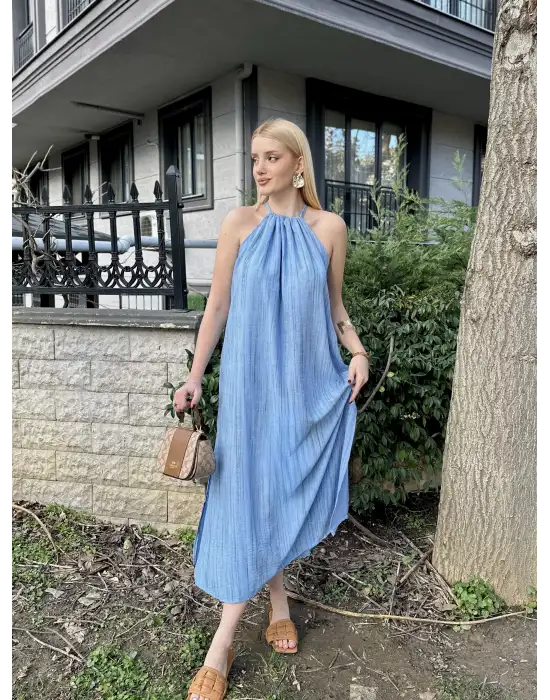 Mavi Keten Bağlamalı Efil Elbise
