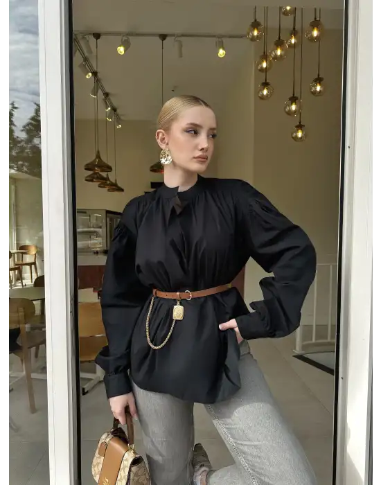 Dik Yaka Oversize Pileli Siyah Gömlek